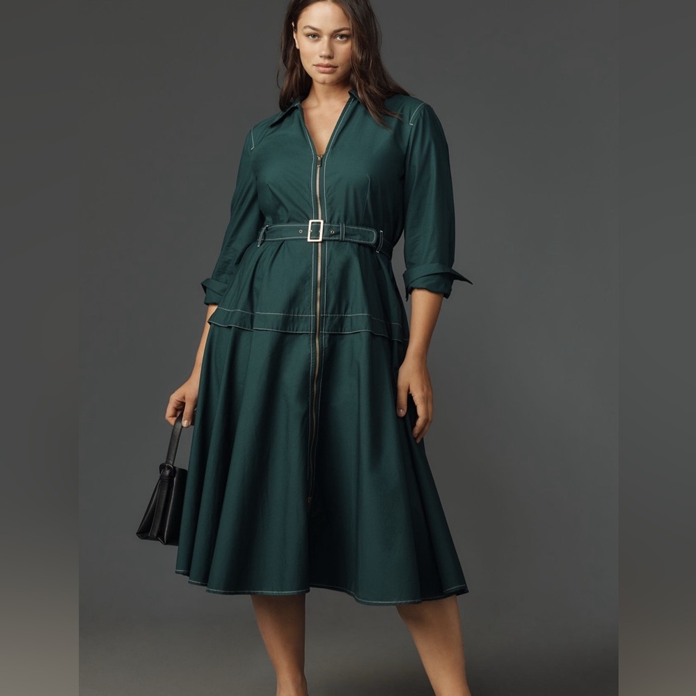 By Anthropologie Long Sleeve Belted Front Zip Utility Midi Dress Green L